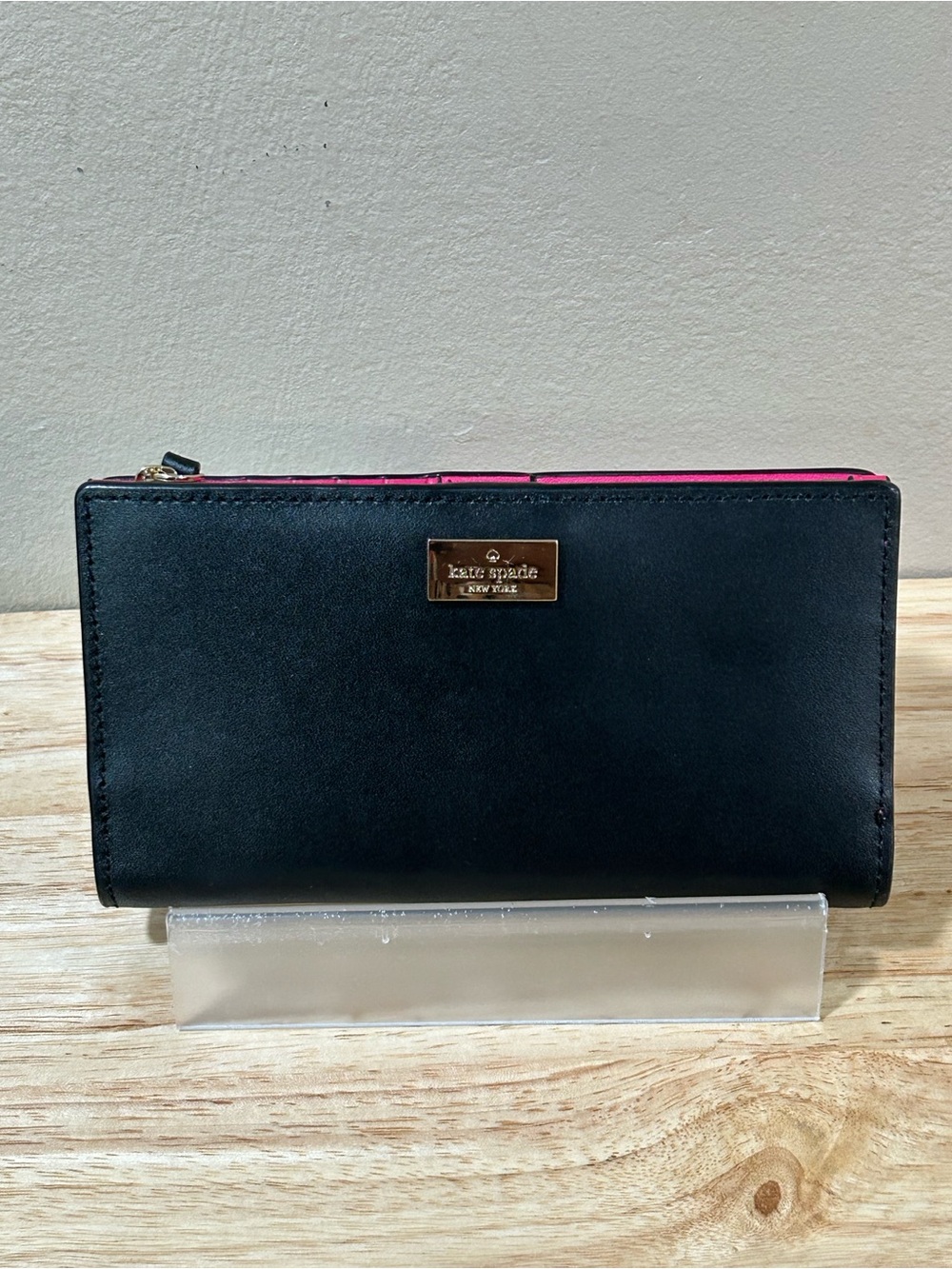 kate spade Black Wallet with Pink Interior and a Gold Plaque